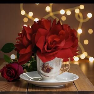 Red Rose Floral Arrangement Tea Cup POP-IN Romantic Elegant Wedding Holiday LOVE